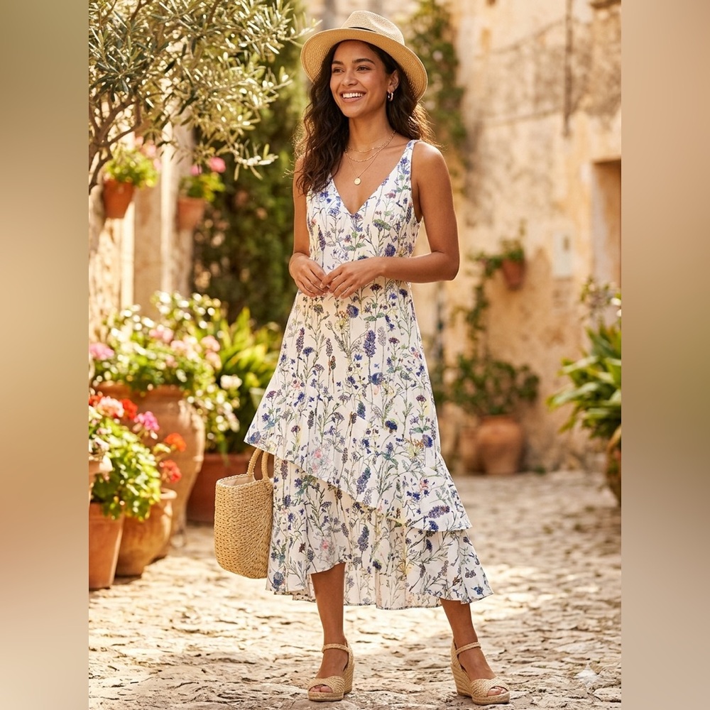 H&M White Floral V-Neck High-Low Midi Dress with Blue Print